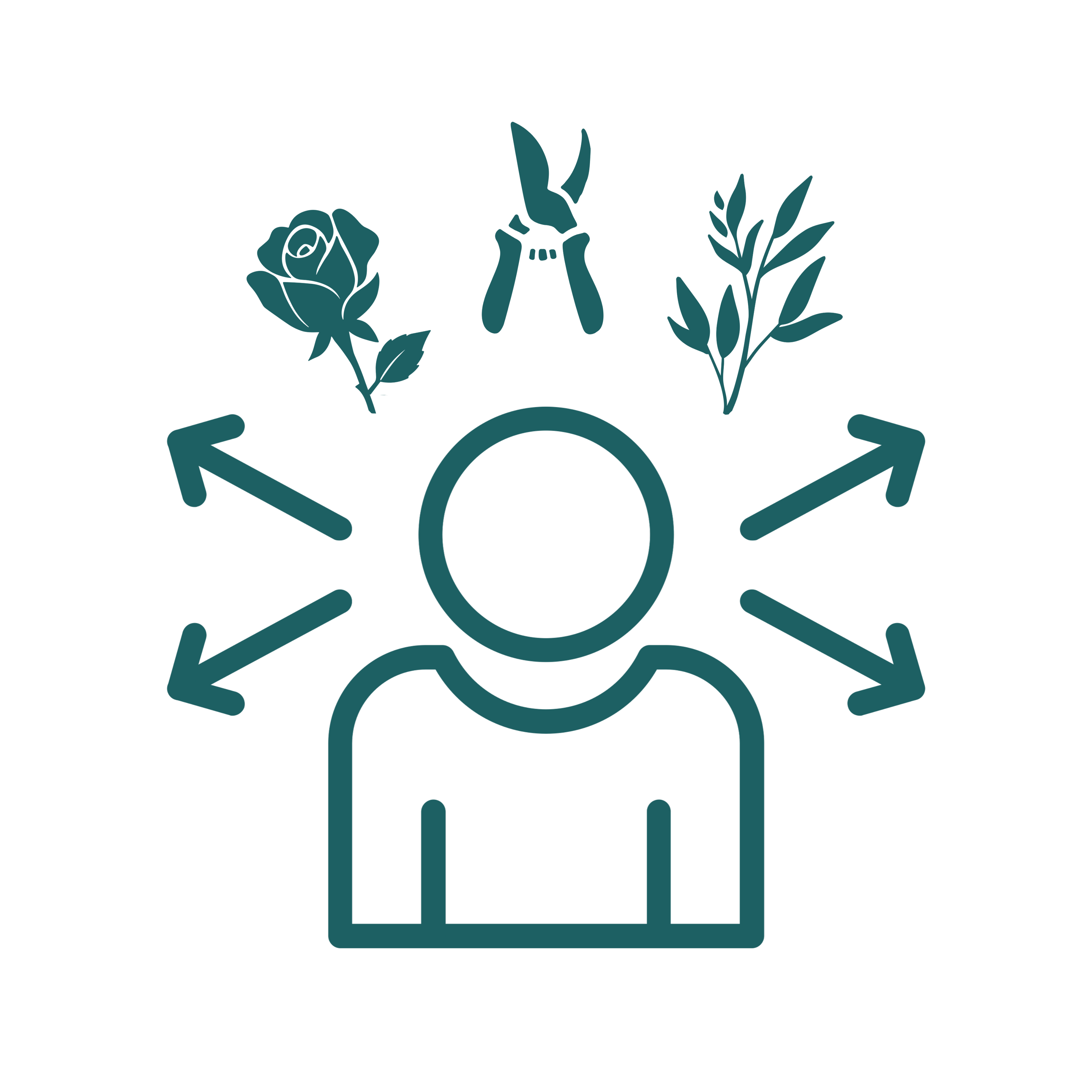 Icon of a person with arrows pointing to a rose, pruning shears, and leaves on a white background.