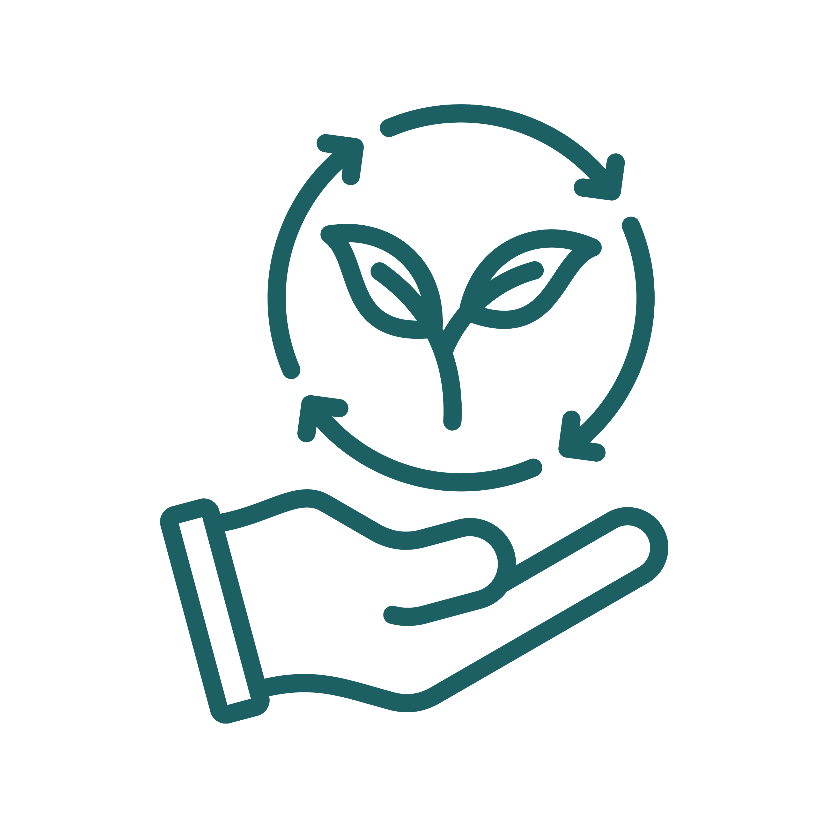 Icon of a hand holding a sprout with circular arrows, symbolizing growth and care.