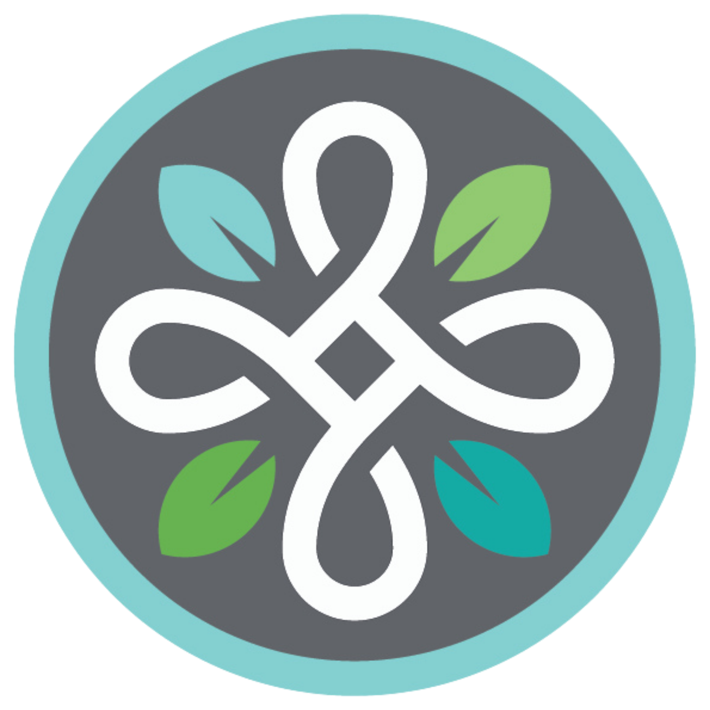 Circular logo with white intertwining design and green leaves on a gray background for Metro Flower Market.