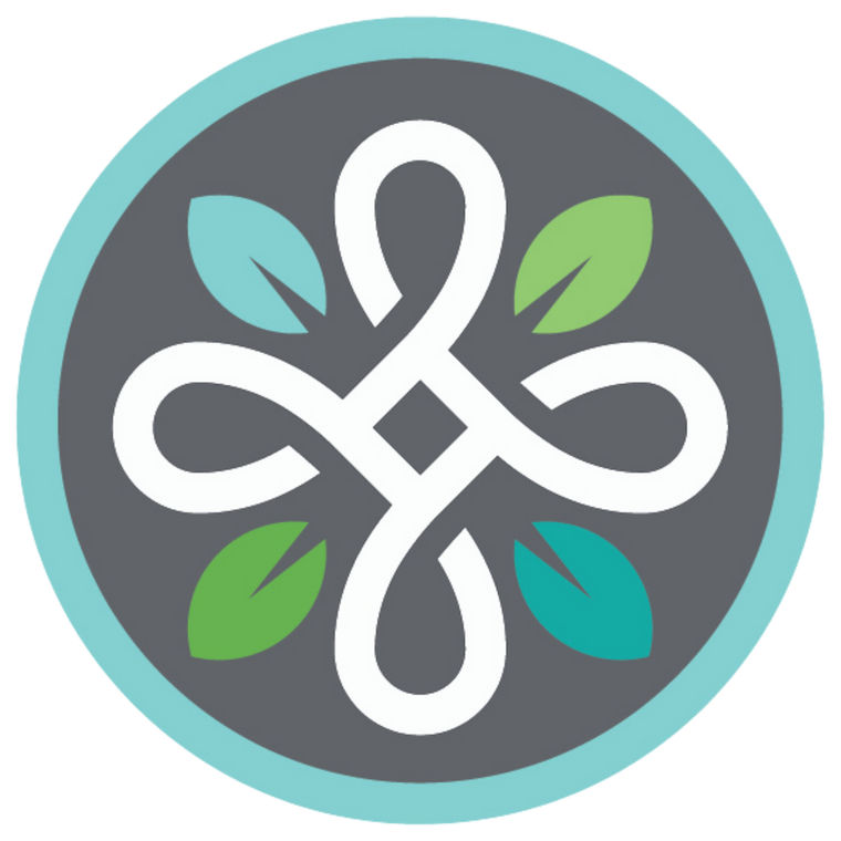 Circular logo with white intertwining design and green leaves on a gray background for Metro Flower Market.