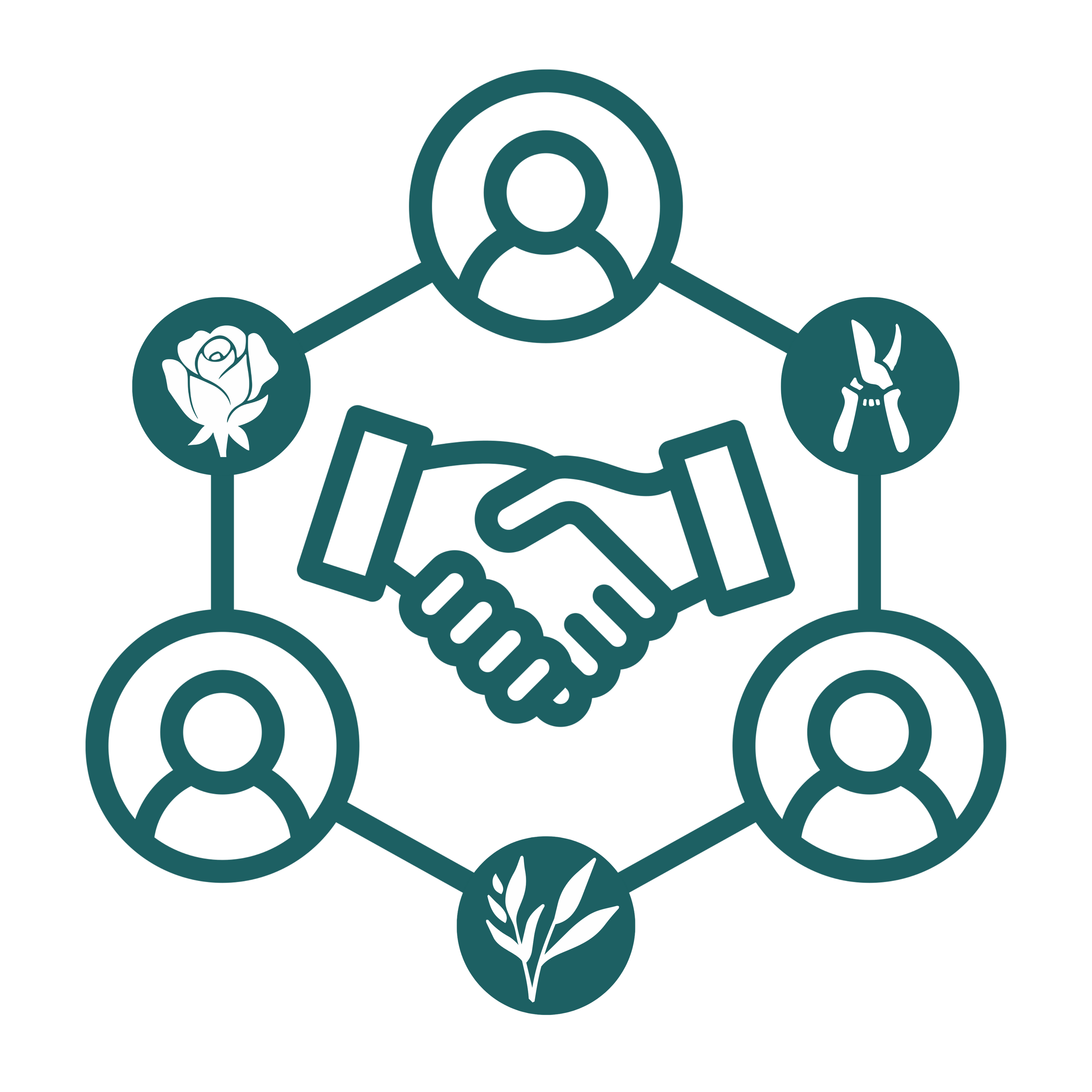 Icon of a handshake surrounded by icons of people, a rose, and tools on a white background.