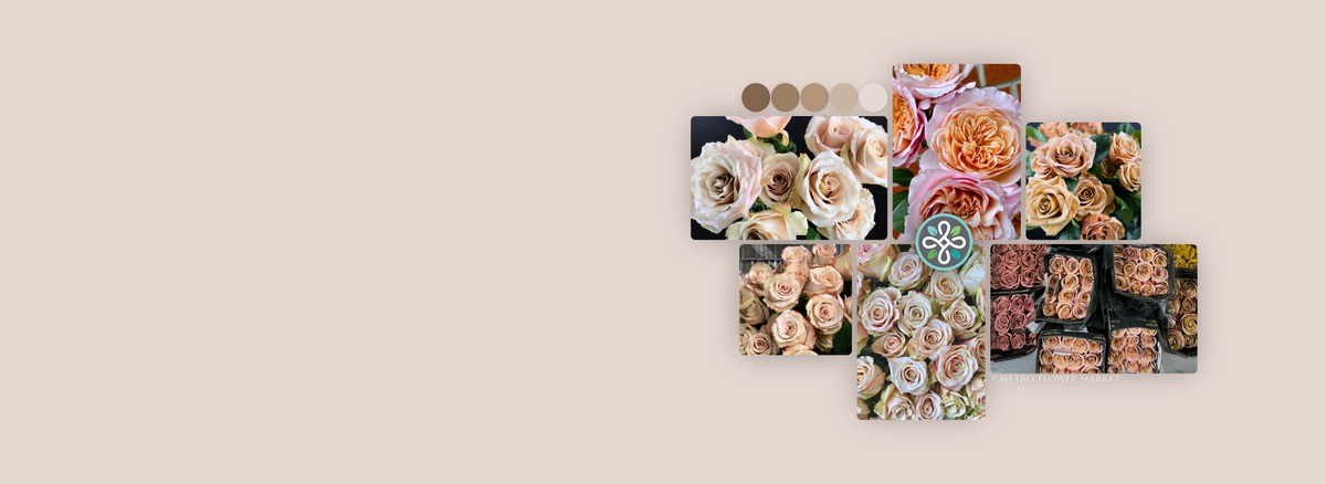 A collage featuring roses in shades of beige, taupe, and caramel colors with a color swatch key in similar tones, and a Metro Flower Market logo superimposed over it.