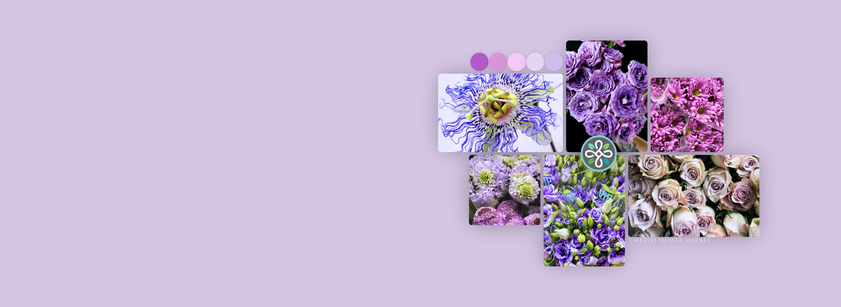 A collage featuring different types of flowers in shades of lavender. There is a color swatch key in similar tones, and a Metro Flower Market logo superimposed over it.