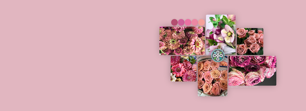 A collage featuring different types of flowers in shades of mauve, pinky mauve, and brown-mauve. There is a color swatch key in similar tones, and a Metro Flower Market logo superimposed over it.
