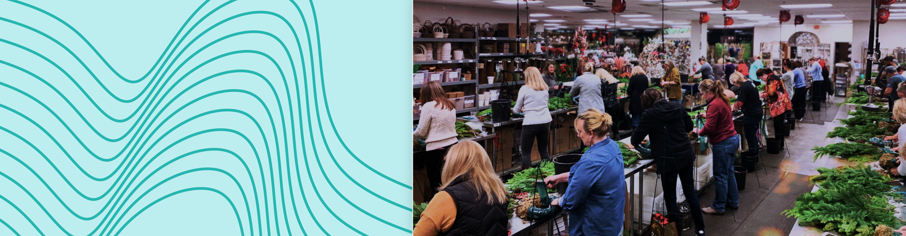 A banner image showing rows of people standing at tables creating Christmas wreaths while attending a Metro Flower Market class with a blue background and decorative lines.