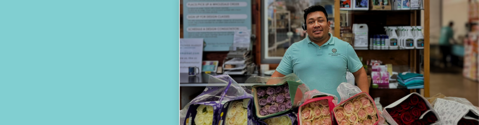 A Metro Flower Market florist at the counter with boxes of fresh roses