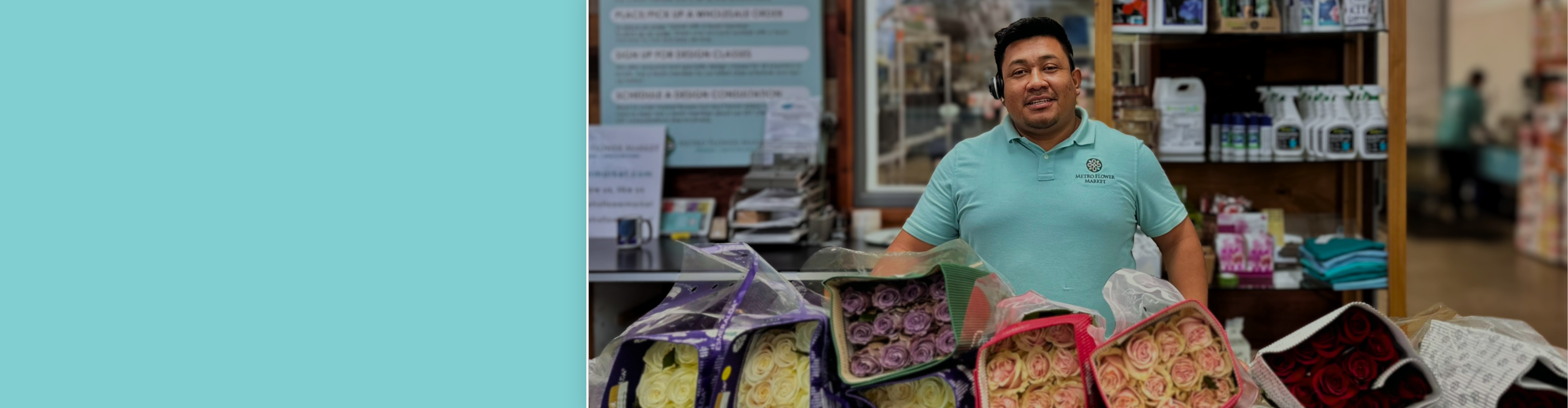 A banner image of a man standing behind a counter with various bunches of roses in a wholesale store setting at Metro Flower Market.