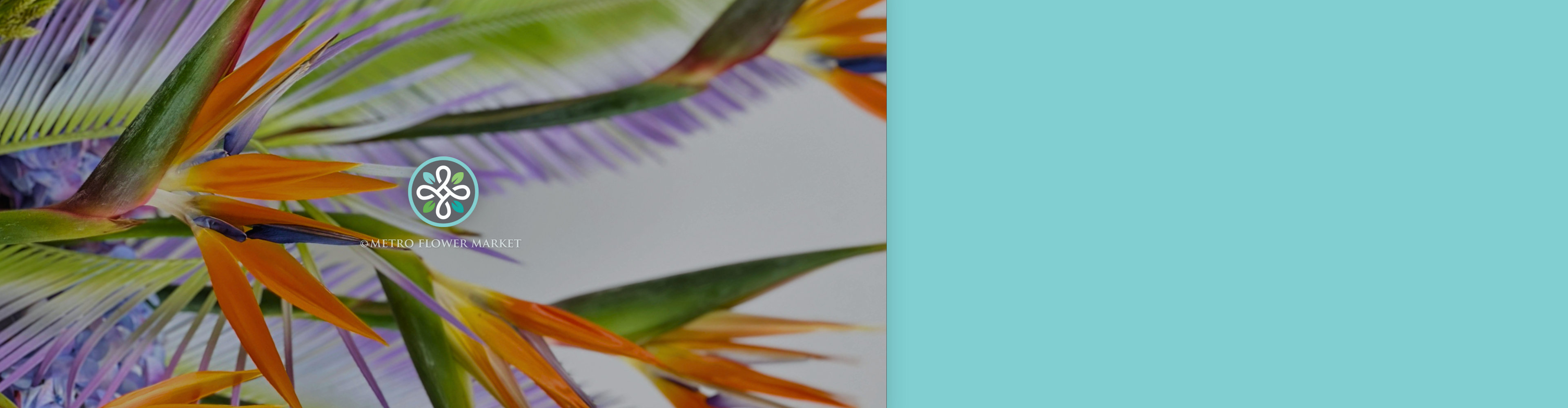 A zoomed in shot of a large arrangement featuring birds of paradise as the focal flower, with painted leaves in the background.